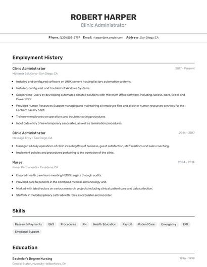 Clinic Administrator Resume