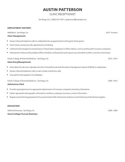 Clinic Receptionist Resume