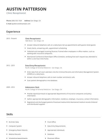 Clinic Receptionist Resume