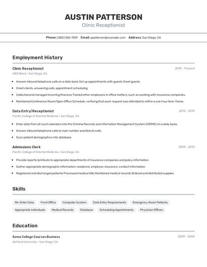 Clinic Receptionist Resume