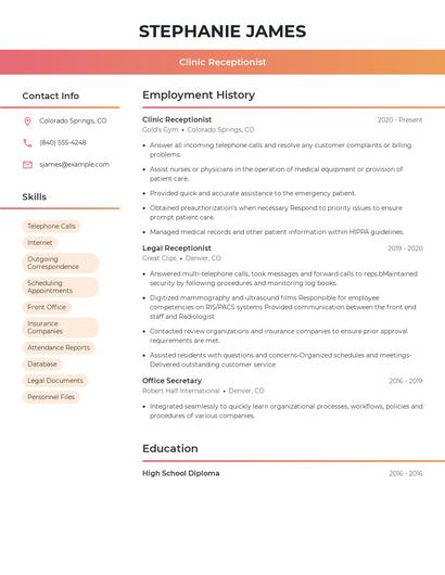 Clinic Receptionist Resume