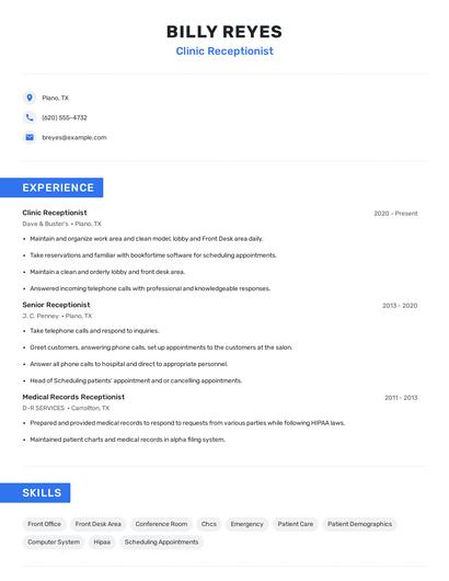 Clinic Receptionist Resume