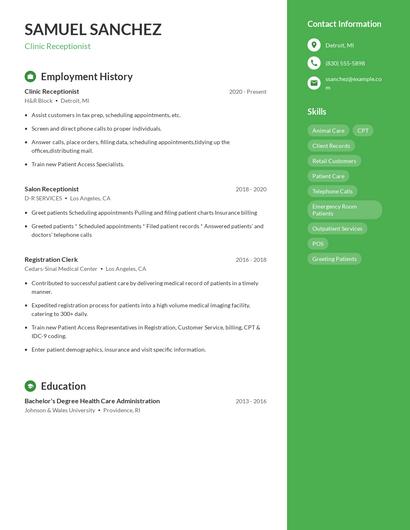 Clinic Receptionist Resume