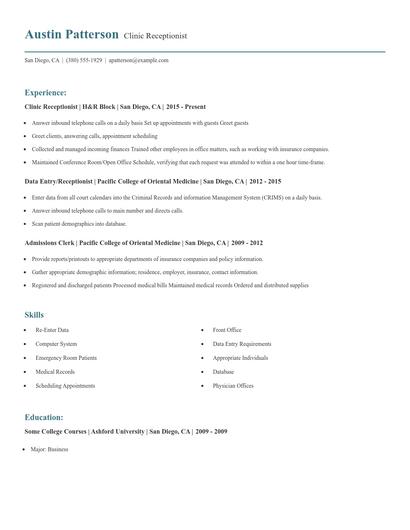 Clinic Receptionist Resume