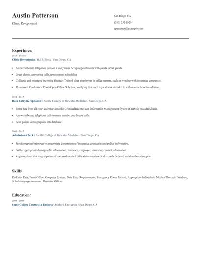 Clinic Receptionist Resume