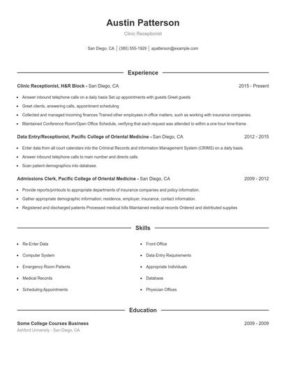 Clinic Receptionist Resume
