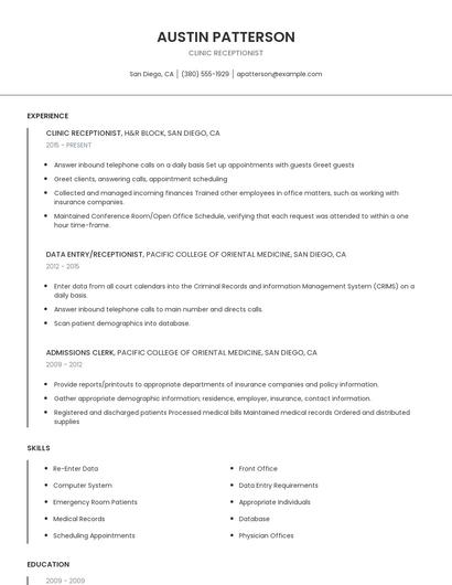 Clinic Receptionist Resume