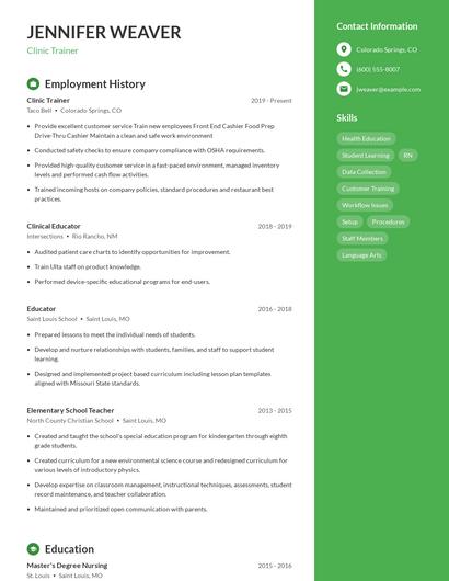 Clinic Trainer Resume