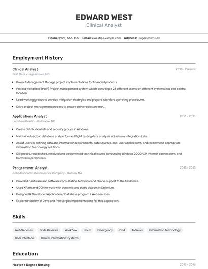 Clinical Analyst Resume