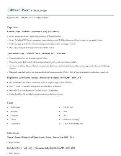 Clinical Analyst Resume
