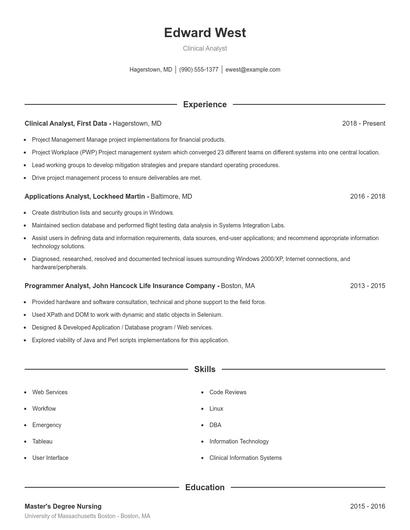 Clinical Analyst Resume