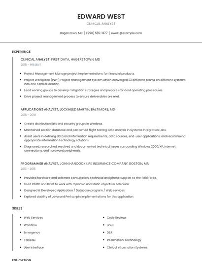 Clinical Analyst Resume