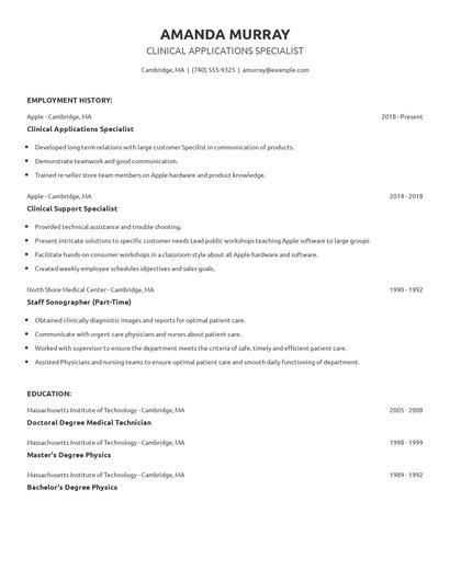 Clinical Applications Specialist Resume