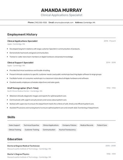 Clinical Applications Specialist Resume