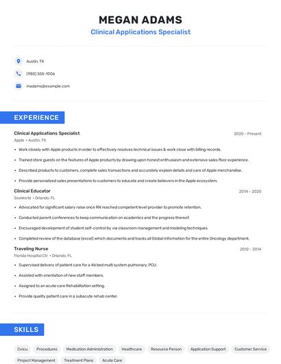 Clinical Applications Specialist Resume