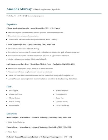 Clinical Applications Specialist Resume