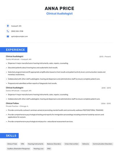 Clinical Audiologist Resume