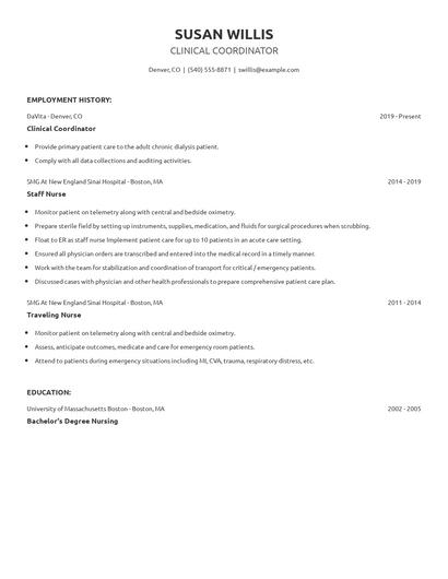 Clinical Coordinator Resume