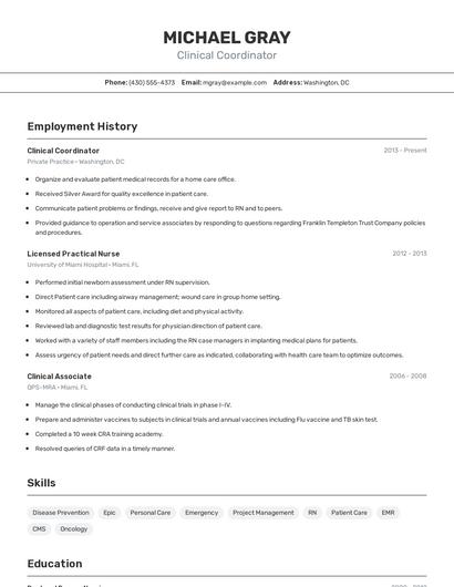 Clinical Coordinator Resume