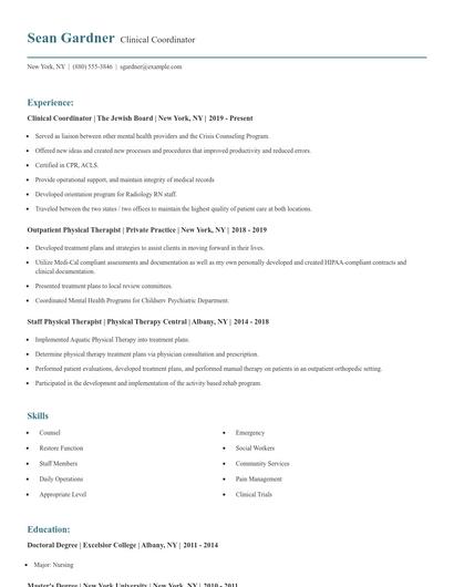Clinical Coordinator Resume