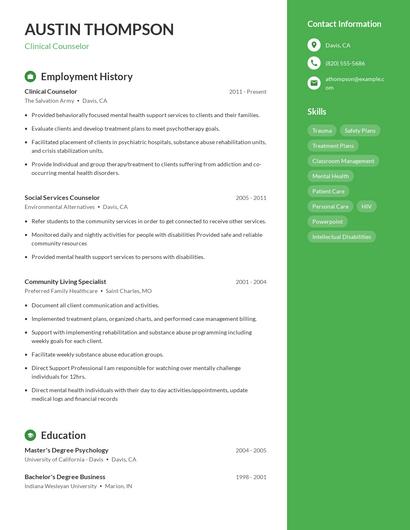 Clinical Counselor Resume