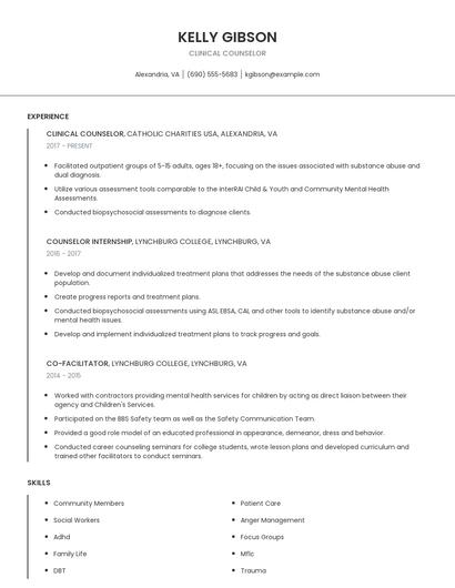 Clinical Counselor Resume