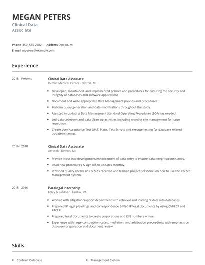 Clinical Data Associate Resume