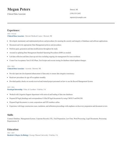 Clinical Data Associate Resume