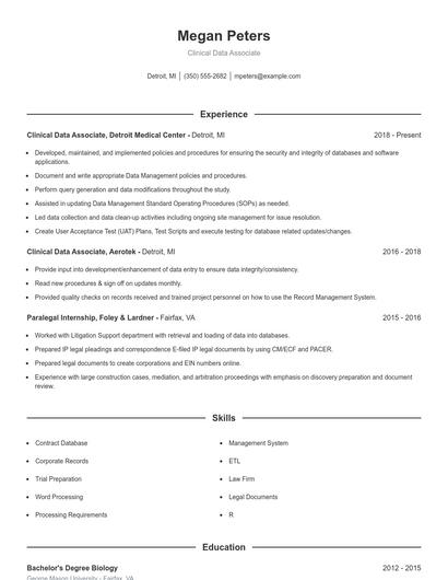 Clinical Data Associate Resume