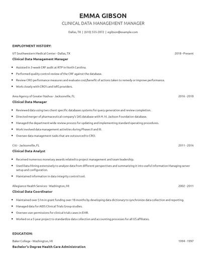Clinical Data Management Manager Resume