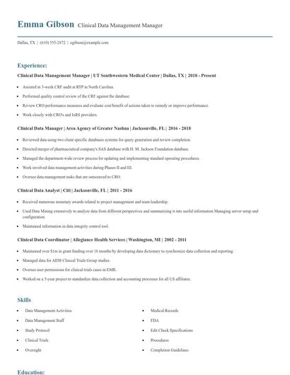 Clinical Data Management Manager Resume