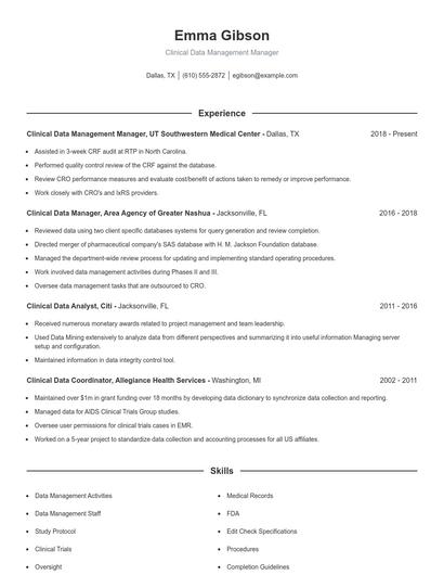 Clinical Data Management Manager Resume