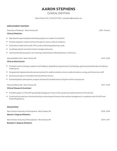 Clinical Dietitian Resume