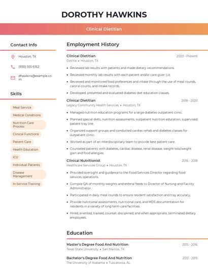 Clinical Dietitian Resume