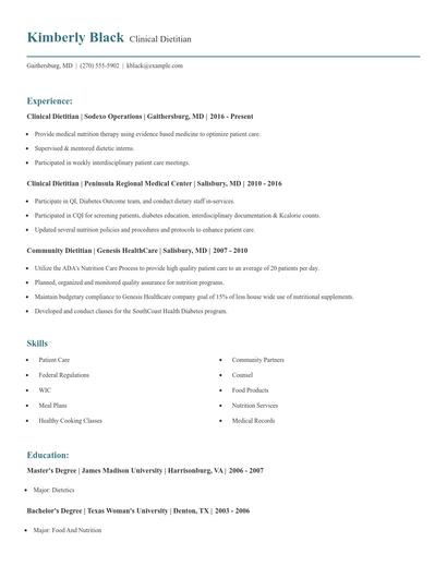 Clinical Dietitian Resume