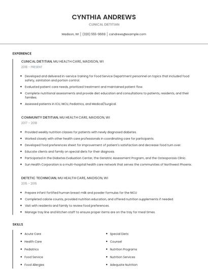 Clinical Dietitian Resume