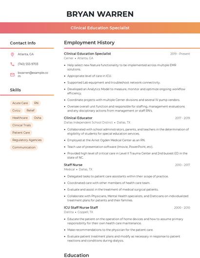 Clinical Education Specialist Resume