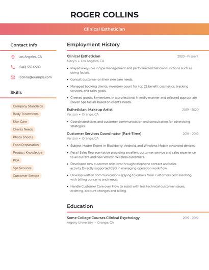 Clinical Esthetician Resume