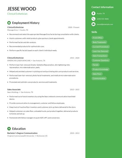 Clinical Esthetician Resume