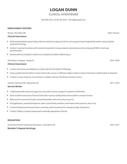 Clinical Interviewer Resume