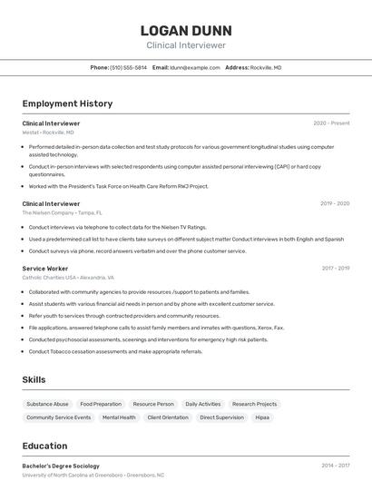 Clinical Interviewer Resume