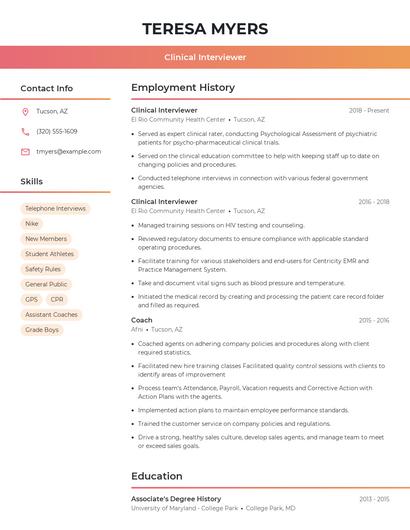 Clinical Interviewer Resume