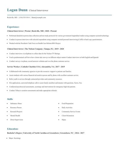 Clinical Interviewer Resume