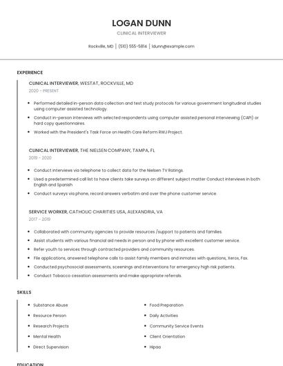 Clinical Interviewer Resume