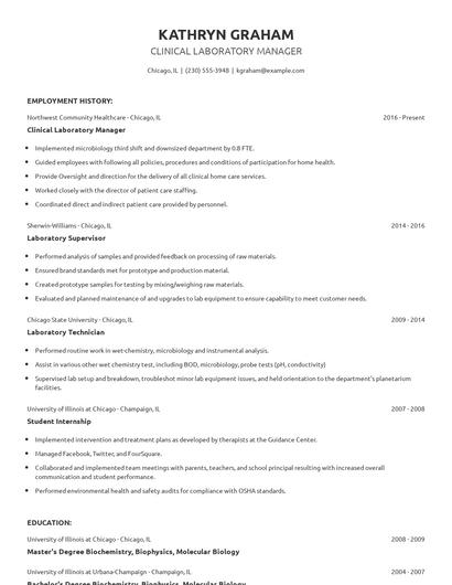 Clinical Laboratory Manager Resume