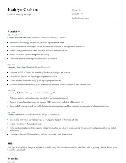 Clinical Laboratory Manager Resume