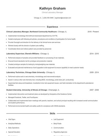 Clinical Laboratory Manager Resume