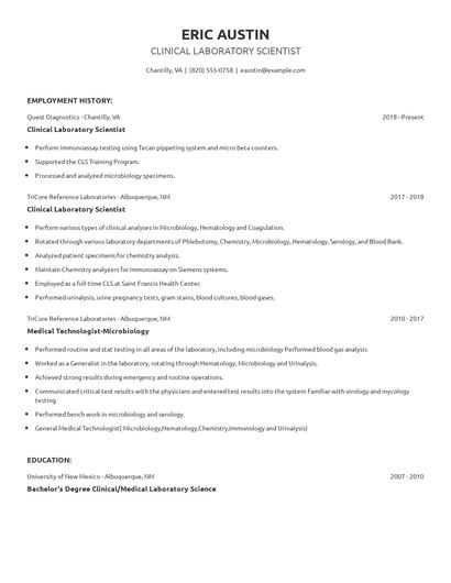 Clinical Laboratory Scientist Resume