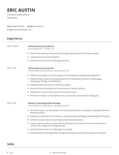 Clinical Laboratory Scientist Resume