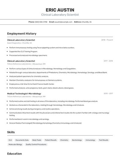 Clinical Laboratory Scientist Resume